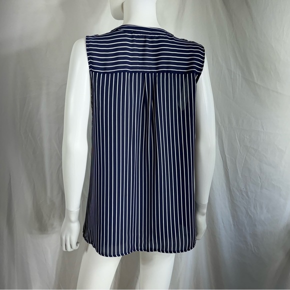 Allie Rose Navy Blue & White Striped Sleeveless Tied Front Button Down - Picture 7 of 7